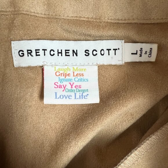 Gretchen Scott Dress Womens Large Beige Teardrop Ultra Suede Tiered Ruffle 3/4 - Picture 11 of 12